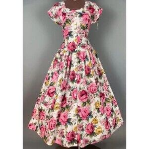 Vintage STARINA  Floral Cottage Core Dress SZ M Pink Rose Button Front & Pockets